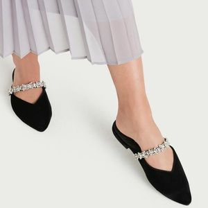 Birdie Swan Pointed Toe Mules with Crystal Strap, Size 6.5